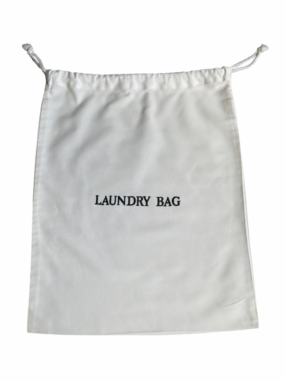 White Drawstring Laundry Bag with Black Text